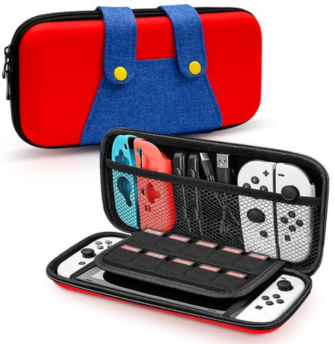 Zaxiva Tasche für Nintendo Switch/Switch OLED, Tragetasche mit 10 Kartenhaltern, Haltegurt und Hülle, Case für Nintendo Switch Konsole & Zubehör, Stylische Hülle mit Spielkartenfächern