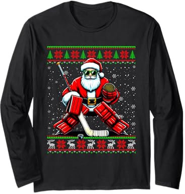 Santa Hockey Goalie Ugly Christmas Sweater Eishockey Langarmshirt