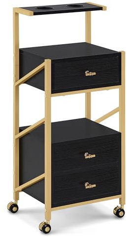 M MCombo Friseurwagen mit Rollen & 3 Schubladen, Rollwagen Servierwagen Schwarz-Gold, Salon Trolley mit 2 Ablagen & 2 Föhnhalter, Moderner Arbeitswagen für Bad Wohnzimmer, 30x40x97cm, 0048