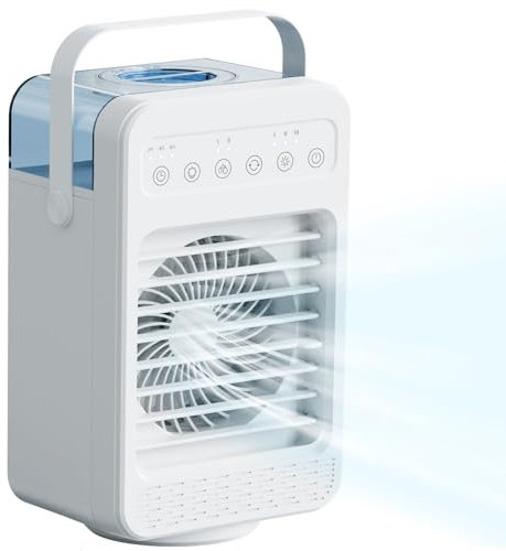 Aire Acondicionado Portatil, Mini Enfriador de Aire Acondicionado, Enfriador de Agua 4 en 1, 4 velocidad del viento, humidificador de 2 niveles, aire acondicionado personal para habitación y oficina