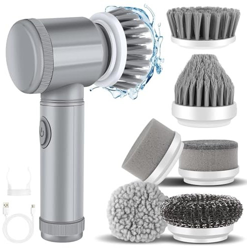 Electric Cleaning Brush - Sonic Scrubber Cordless Rechargeable, Waterproof Electric Scrubbing Brush with Interchangeable Brush Heads for Car, Bedroom, Kitchen, Sink, Floor, Bathtub & Wall (Grey)