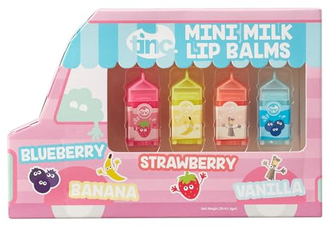 Tinc Mini Milk Lip Balms - Delicious Fruity Scents: Strawberry, Banana, Vanilla and Blueberry - Keeps Lips Moist - Gift Idea - Four Scents