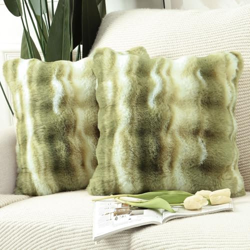 Madizz 2er Set Sanft Plüsch Kurze Wolle Samt Dekorativ Zierkissenbezüge Luxus Stil Kissenbezug für Sofa für Schlafzimmer Grün 50x50 cm
