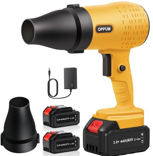 OPPUM LB80-Pro Cordless Leaf Blower - 21V 35000RPM Stepless Speed, 2X 3.0Ah Batteries, Ultra-Light 1.12lbs, 50-120dB Adjustable for Yard, Patio, Garage Cleaning (LB80-Pro(Yellow))