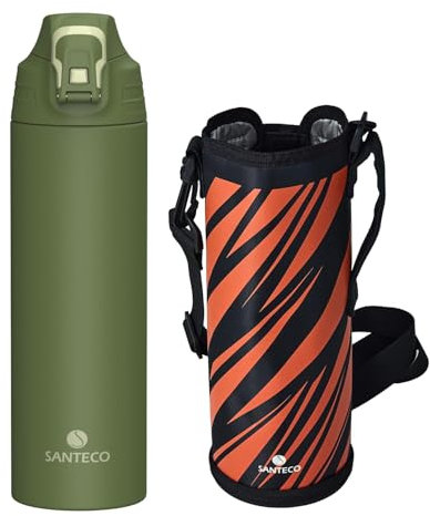 SANTECO Botella con bloqueo de seguridad contra fugas, termo de acero inoxidable, 1 l, sin BPA, termo con bolsa de transporte, botella de agua apta para lavavajillas, para viajes, camping, verde