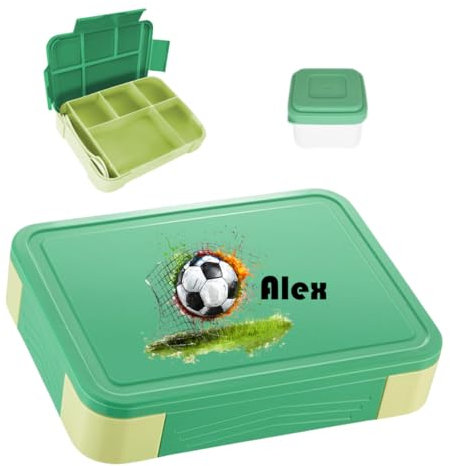 minimutz Brotdose Jungen personalisiert, Brotzeitdose Fußball Kinder mit vielen Fächern, Lunch Box mit Name BPA-frei auslaufsicher, Bento Box Set mit buntem Aufdruck (grün)