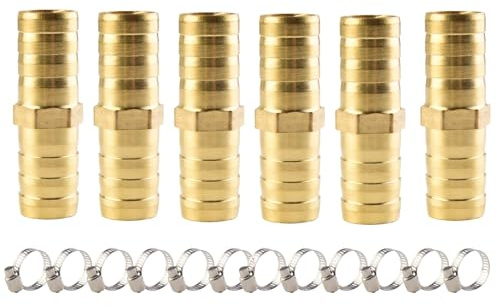 ANGEEK 6 Stück 12 mm Messing-Schlauchanschlussset Schlauchanschlüsse 2-Wege-Messing-Muffenanschlüsse mit 12 Schlauchschellen Geeignet für Luft, Gas, Wasser und Kraftstoff