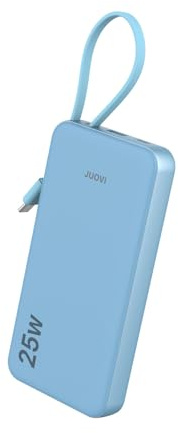 JUOVI Power Bank 25W 10000mAh Cargador Portátil con Cable Integrado | Carga Rápida con Cable USB C, Pantalla LED, Paquete de Batería Externo Pequeño Ligero para iPad iPhone Samsung etc.