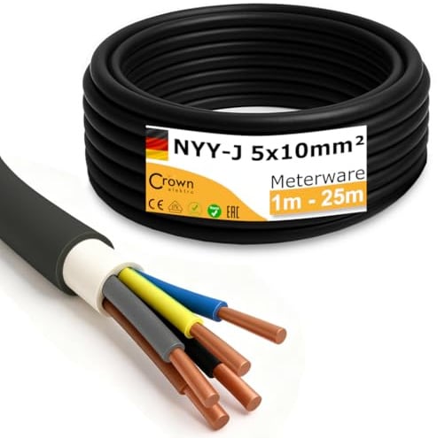 NYY-J 5x10mm² Erdkabel | 1–25m Meterware | 5-adriges Starkstromkabel aus Kupfer | Außenkabel für Drehstrom, Wallbox & Elektroinstallation | Made in Germany | Länge (25m)