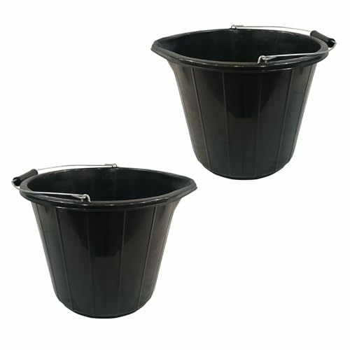 RelianceUK 2 X 14L (3 Gallon) Black Plastic Builders Buckets with Metal Grip Handles | Heavy Duty Bucket for Garden, Car Wash, Cement Mixing, Water Storage | Made in UK (14 Litre / 2 Pack)
