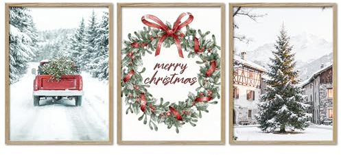 ARTFAVES® Poster Set - Merry Christmas - 3-teilige Bildercollage Wohnzimmer, Schlafzimmer - moderne Wandbilder Weihnachten, Winter - 30x40 cm - mit Rahmen Eiche