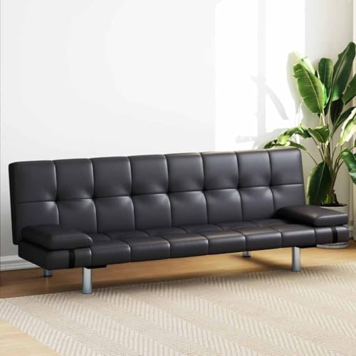 Frdhee Bodensofa Schlafsofa, Schlafsofa mit 2 Kissen Kunstleder Ausziehbar Schwarz fürs Wohnzimmer Schlafzimmer Heimkino Gästezimmer