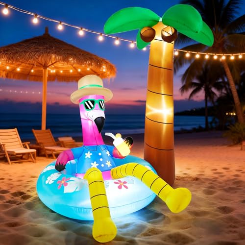 Blafly Flamant rose gonflable avec palmier de 1,8 m - Décoration d'été gonflable avec lumières LED pour fête tropicale Luau, plage, piscine, cour, jardin, pelouse