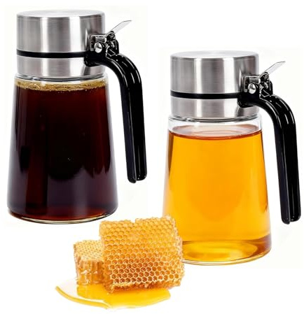 Honigspender 2er Set 400 ml aus Glas, Sirupspender mit Griff für Küche | Honigglas mit Ausgießer zur dosierten Entnahme, für Honig, Sirup und Süßstoffe am Frühstückstisch oder in der Teestation
