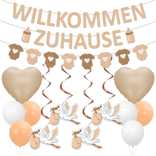 Afritee Willkommen Zuhause Baby Deko, Herzlich Storch Geburt Für Draussen Girlande Banner Luftballons Set, Welcome Home Baby Für Babyshower Familienfeiern Party Dekoration