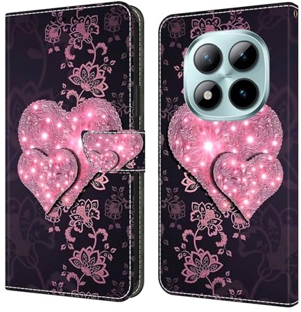 CLM-Tech Handyhülle kompatibel mit Xiaomi Redmi Note 15 Pro 5G 6,83 Zoll Hülle - Tasche aus PU Leder - Klapphülle mit Ständer und Kartenfächern - Schutzhülle Wallet Case Cover rosa Herzen