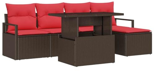 vidaXL Gartensofa-Set mit Speicher 6 pcs Braun und Rot Poly-Rattan, Garten und Terrasse, modernes Lounge-Möbelset, Outdoor-Couch, rechteckige Aufbewahrung, UV-beständiges Sitzen