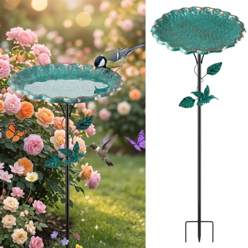 Abreuvoir Oiseaux Exterieur sur Pied 82 CM, Bain Oiseaux Exterieur Métal avec Décoration Feuille & Oiseau, Mangeoire Oiseaux Exterieur 2 en 1, Support à 3 Piquets Stable pour Jardin, Pelouse, Terrasse