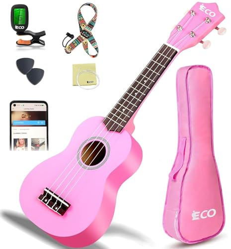 Sopran Ukulele Anfänger Kit für Kinder & Anfänger, 21 Zoll Ukelele mit Songbook, Case, Strap, Tuner, Strings & Picks - Pink