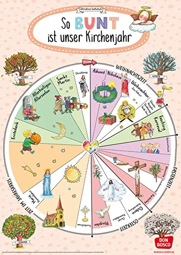 So bunt ist unser Kirchenjahr (Jahreskreis katholisch) (Poster für die Öffentlichkeitsarbeit in Kitas und Grundschulen)