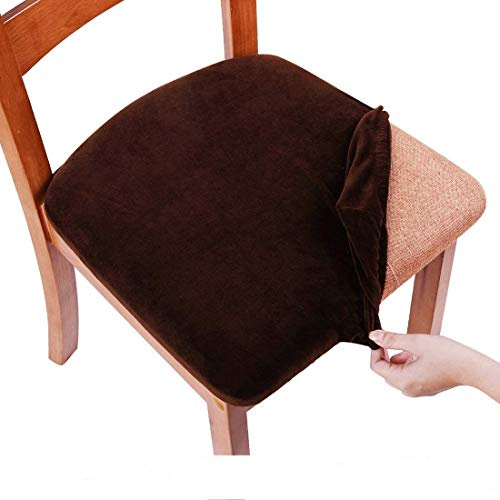 smiry Stretch Chair Seat Covers for Dining Room, Velvet Dining Chair Seat Protectors Chair Slipcovers, Set of 6, Coffee