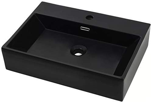 yorten Waschbecken mit Hahnloch Keramik 60,5 x 42,5 x 14,5 cm Schwarz zur Wandmontage oder als Aufsatzwaschbecken