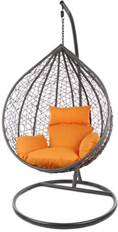 Kideo Komplettset: großer Hängesessel mit Gestell & Kissen, Indoor & Outdoor, Poly-Rattan (Korb & Gestell: grau, Kissen: orange Nest (3030 Tangerine))