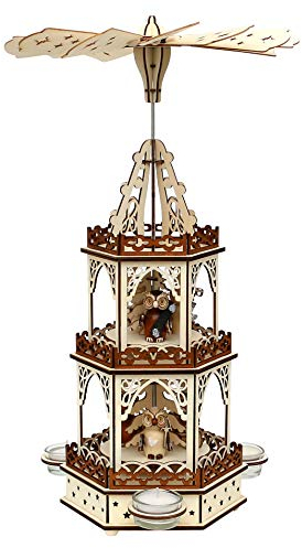 Holz Teelichtpyramide in Natur/braun mit 3 Etagen, für 3 Teelichte, L/B/H: 19 x 16,5 x 42 cm, Motiv: Eulenwald.