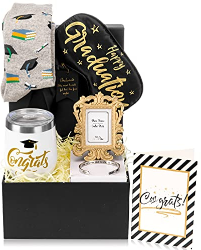 Whaline,Set di 8 confezioni regalo di laurea per laureati, complimenti grad, set di cestini per regali, con tazza e bicchiere, mascherina per gli occhi, bracciale da 20 g, in rafia gialla per laurea