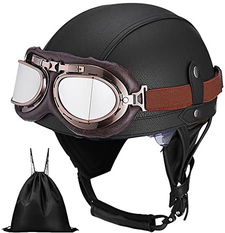 Casque de Moto Vintage Cuir Retro Vintage Scooter Open Face Demi Casque de Cuir avec Lunettes Certifié ECE Bols pour Homme et Femme Adultes Demi-Casques avec Sac de Rangement