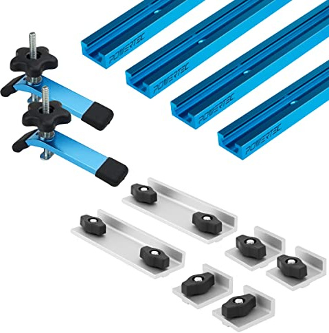 POWERTEC 71779 T-Schienen-Set, 61 cm, Doppelschnittprofil, inklusive Langen, kurzen und Inline-Anschlägen und 14 cm Halteklemmen