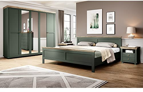 Lomadox Schlafzimmer Set Landhausstil grün Eiche Bettgestell Doppelbett 160x200 cm Liegefläche Nachttisch Nachtschrank Kleiderschrank Spiegeltüren