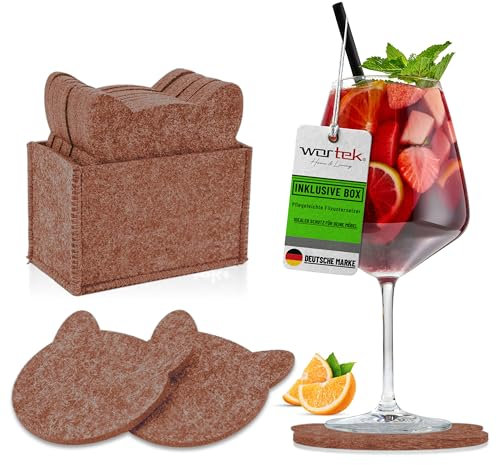 wortek Filz Untersetzer Gläser Braun in Katzenform – 10er Set mit Aufbewahrungsbox, Glasuntersetzer für Getränke, Tassen, Bar, Glas - Ø 10cm Tischuntersetzer Filzuntersetzer Gläser