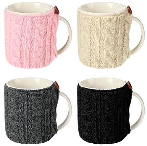 Skyley 4 Pcs Coffee Mug Cozy Sleeve Reusable Knitted Crochet Sleeves Cup Tea Cozy Handmade Tableware Coffee and Tea Mug Warmer for Women Men(Fresh Color)