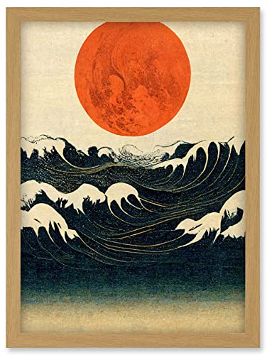 Doppelganger33 LTD Minimalist Large Orange Moon Over Ocean Waves Ukiyo-e Style Artwork Framed Wall Art Print A4