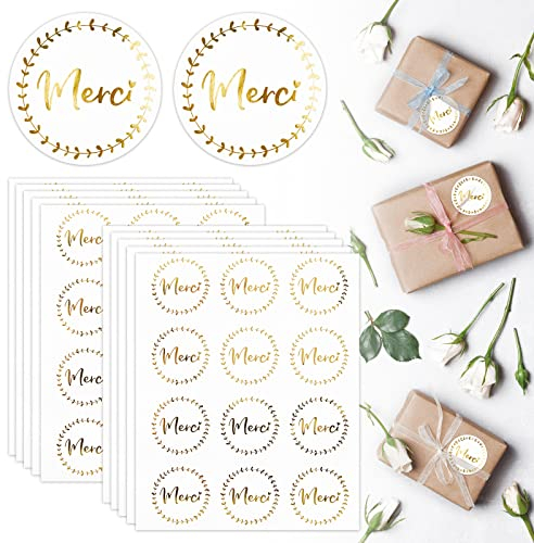 120 Stück Danke Aufkleber Etiketten Selbstklebend Merci Sticker Rund Klebeetiketten Goldfolie für Geschenke Umschlag Geschenkverpackung