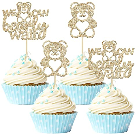 Gyufise 24Pcs We Can Bearly Wait Cupcake Toppers Champage Gold Glitter Bear Cupcake Picks Baby Shower Cake Decorations for Gender Reveal Theme Baby Shower Kids Birthday Party Supplies