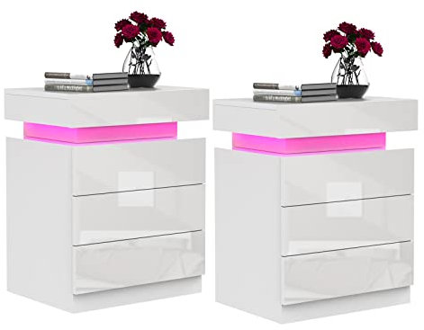 Lvhecforhm Nachttisch Weiß mit LED Licht, 3 Schubladen zur Aufbewahrung, Nachttisch Hochglanz Frontbettschrank, Kommode, Wohnzimmer, Schlafzimmermöbel, 2 Stucke Weißer mit LED Licht