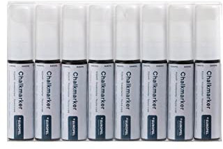 Europel Pennarelli a gesso liquido, punta da 15 mm, per superfici non porose, confezione da 8 pennarelli bianchi, cancellabili a secco e cancellabili a secco, per lavagne, lavagne, cartelli, finestre