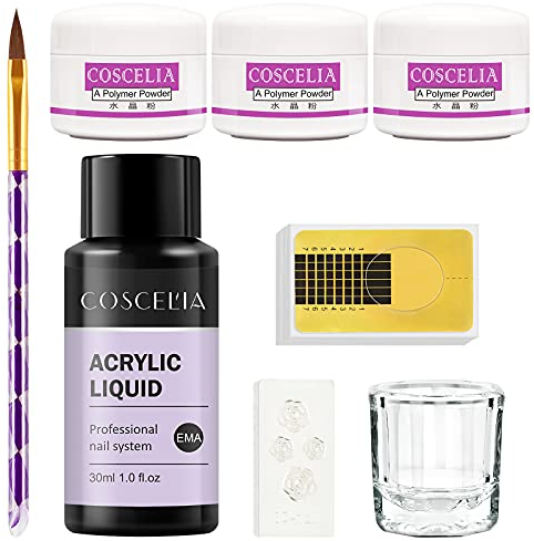 COSCELIA Acryl Nagelset Klar&Rosa&Weiß Acrylpulver für Nägel mit 60ML Acrylic Liquid Acrylic Powder Set Acryl Pulver Starter Set Acrylic Nail Kit mit Schablonen