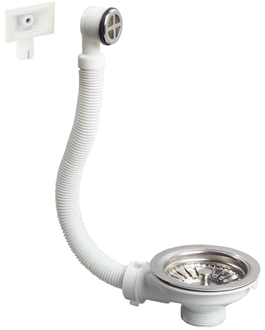 Wirquin 30723117 Bonde pour évier ø90 1 bac, plastique et métal, avec trop-plein exterieur, chromé, Blanc