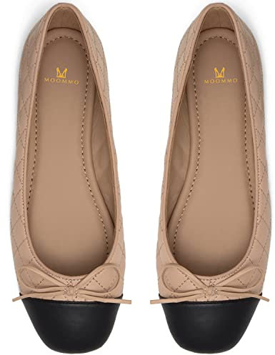 MOOMMO Women Cap Toe Flats Bow Slip On Ballet Flats Comfort Quilted Colorblock Flat Shoes Round Toe Flat Heel Dress Shoes Office Ladies Party Chic Driver Flats Chic 4-11 M US, Matte Solid Beige, 4 UK