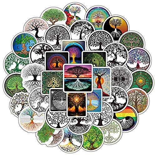 Baum des Lebens Aufkleber 50 Stück Trendy Baum des Lebens Totem Aufkleber für Wasserflasche Laptop Scrapbook Skateboard Motorrad Auto Fahrrad Gepäck,Wasserdichte Vinyl Graffiti Sticker für Erwachsene