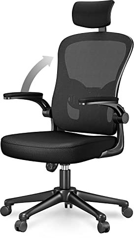 rattantree Silla de Oficina, Silla de Escritorio Ergonómica con Reposacabezas Ajustable y Soporte Lumbar, Respaldo de Malla Transpirable, Reposabrazos Abatibles de 90°, Silla Giratoria de 360°