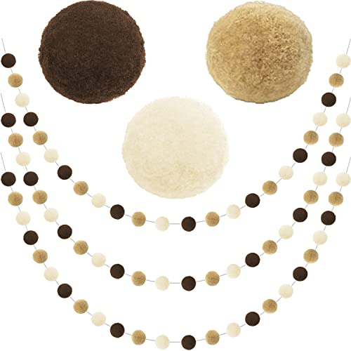 Jishi Pom Pom Girlande Boho Party Dekorationen, 3er Pack Braun Khaki Beige Filz Ball Girlande Niedlich Pastell Regenbogen Pompon Strings, Weihnachten Geburtstag Hochzeit Rustikale Boho Home Decor