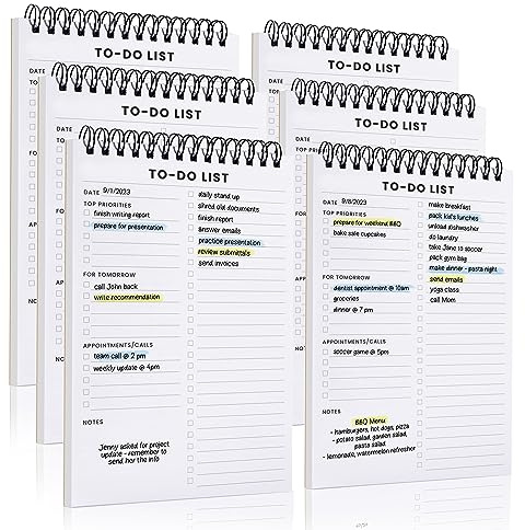 To Do List Notepad 6 Pack: Has Multiple Functional Sections - 5.2 x 8 35 Sheets - Spiral Daily Planner Notebook - Task CheckList Organizer Agenda Pad for Work, Note and Todo Organization
