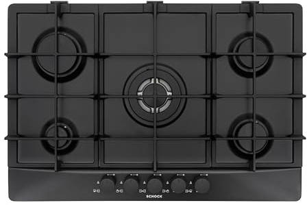 SCHOCK | Piano Cottura 5 Fuochi Gas Primus PC75 con Manopole Nere Opache Soft-Touch, Griglie in Ghisa, Valvole di Sicurezza, Nero Opaco, 740x500 mm