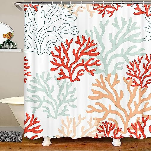 ALMONO Rideau de Douche Corail Rideau Douche Anti Moisissure Corail 3D Rideau Salle de Bain Tissu Polyester pour Baignoire, Rideaux de Douche 120x200 avec 8 Crochets