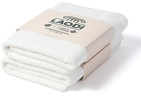 LAODI Premium Duschtuch 2er Set – 70x140 – Reinweiß – 100 % Baumwolle – 570 g/m² – Hergestellt in Portugal