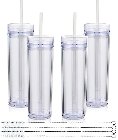 Volhoply 16oz 470ml Plastic Skinny Tumblers with Lid and Straw Bulk | Double Wall | Reusable Iced Coffee Mug | BPA Free | Matte Acrylic Water Cups (Clear,4 Pack)